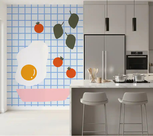 Brunch egg and tomato wall mural behind a modern kitchen counter
