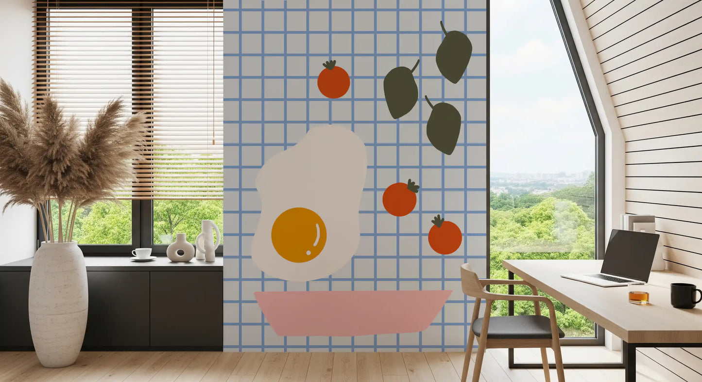 Red cherry tomatoes scattered across the Brunch illustrated wall mural