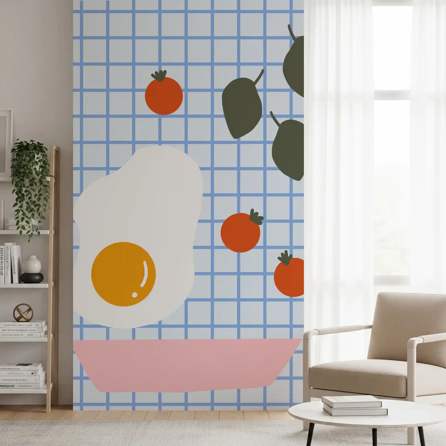 Fried egg with orange yolk on the Brunch wall mural blue grid background