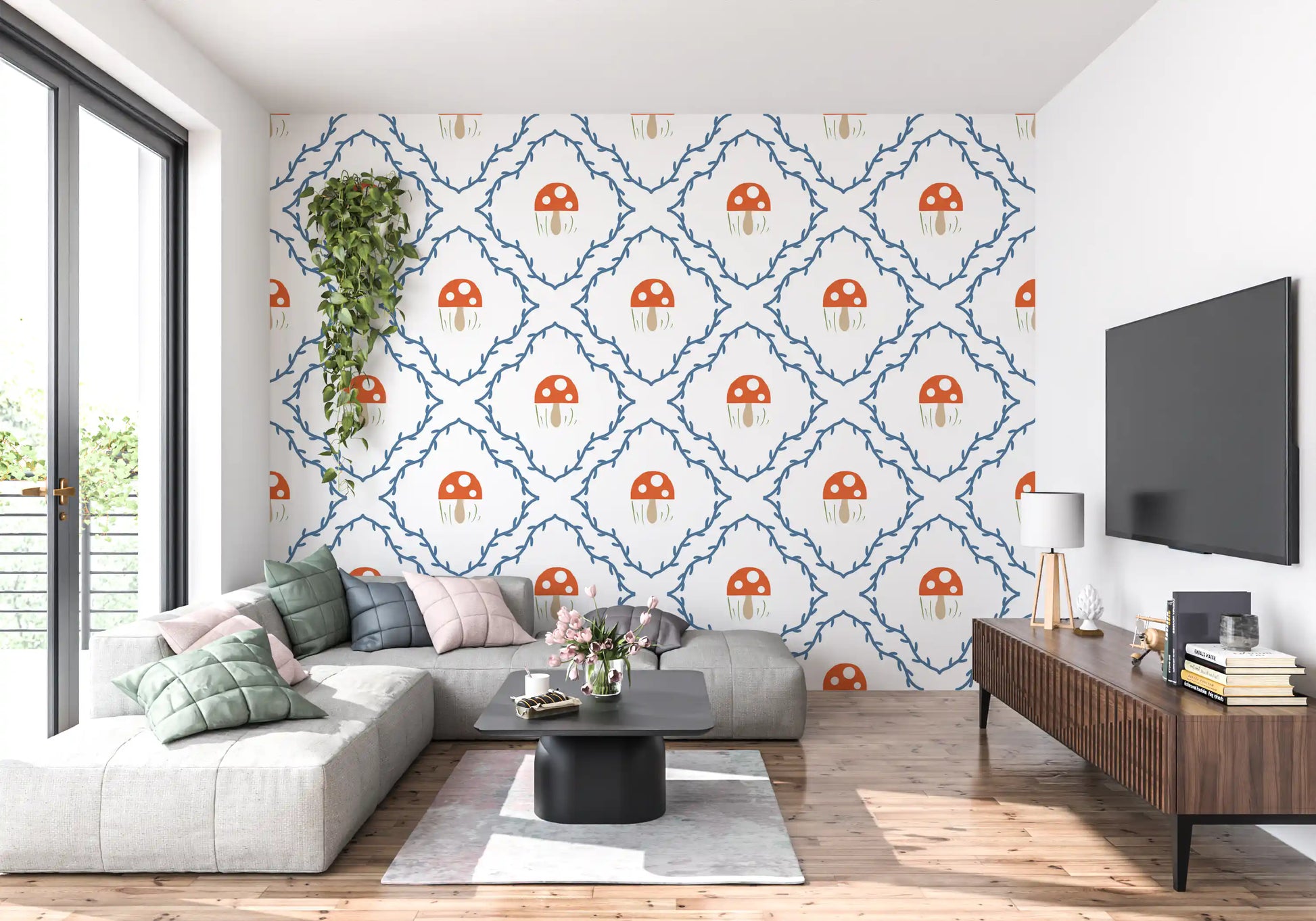 Hallway with Whimsical Mushroom Vines lattice wallpaper covering the area