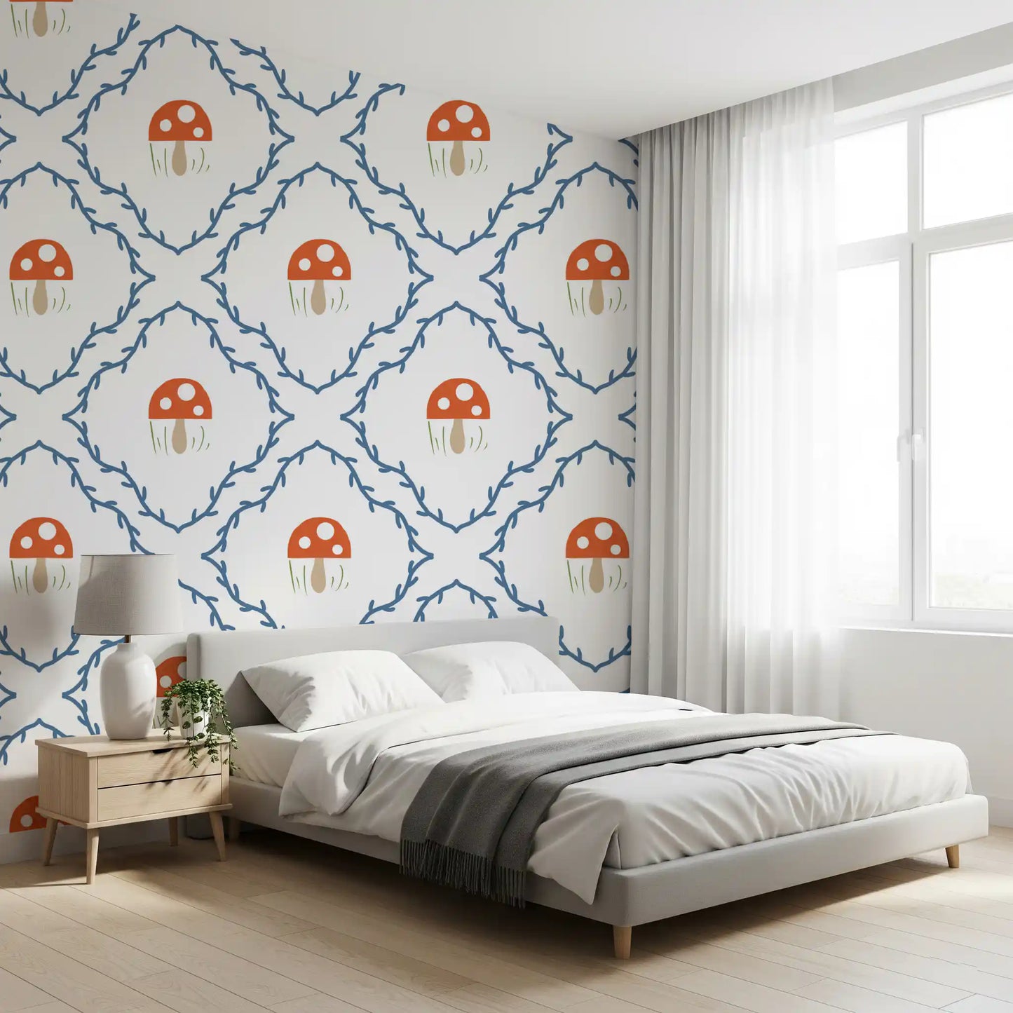 Orange-red mushroom with white spots centred in a vine on this patterned wallpaper