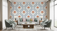 Red motifs inside blue vine frames on Whimsical Mushroom Vines wallpaper
