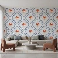 Whimsical Mushroom Vines wallpaper showing polka-dot caps and green grass tufts