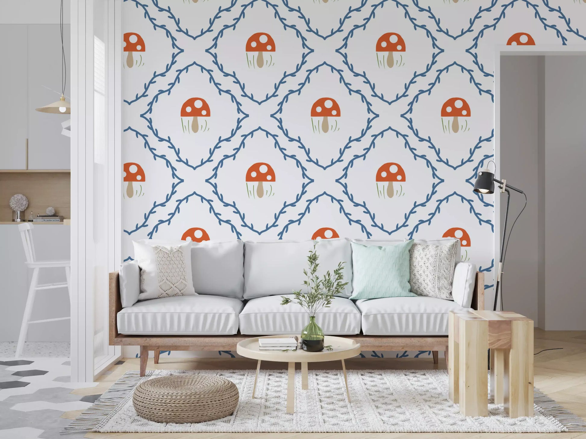 Blue vine wallpaper from the Whimsical Mushroom Vines collection in a bright lounge