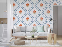 Blue vine wallpaper from the Whimsical Mushroom Vines collection in a bright lounge