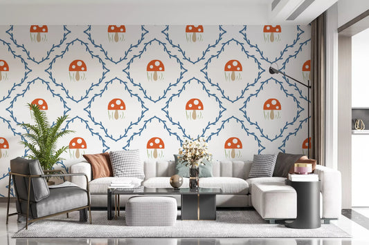 Living room featuring the Mushroom Vines toadstool wallpaper on the main accent surface