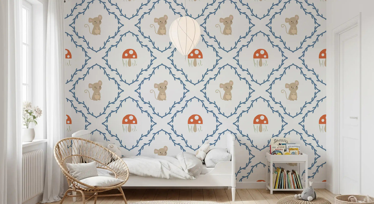 Kids Bedroom showing mouse and mushroom motifs on woodland wallpaper
