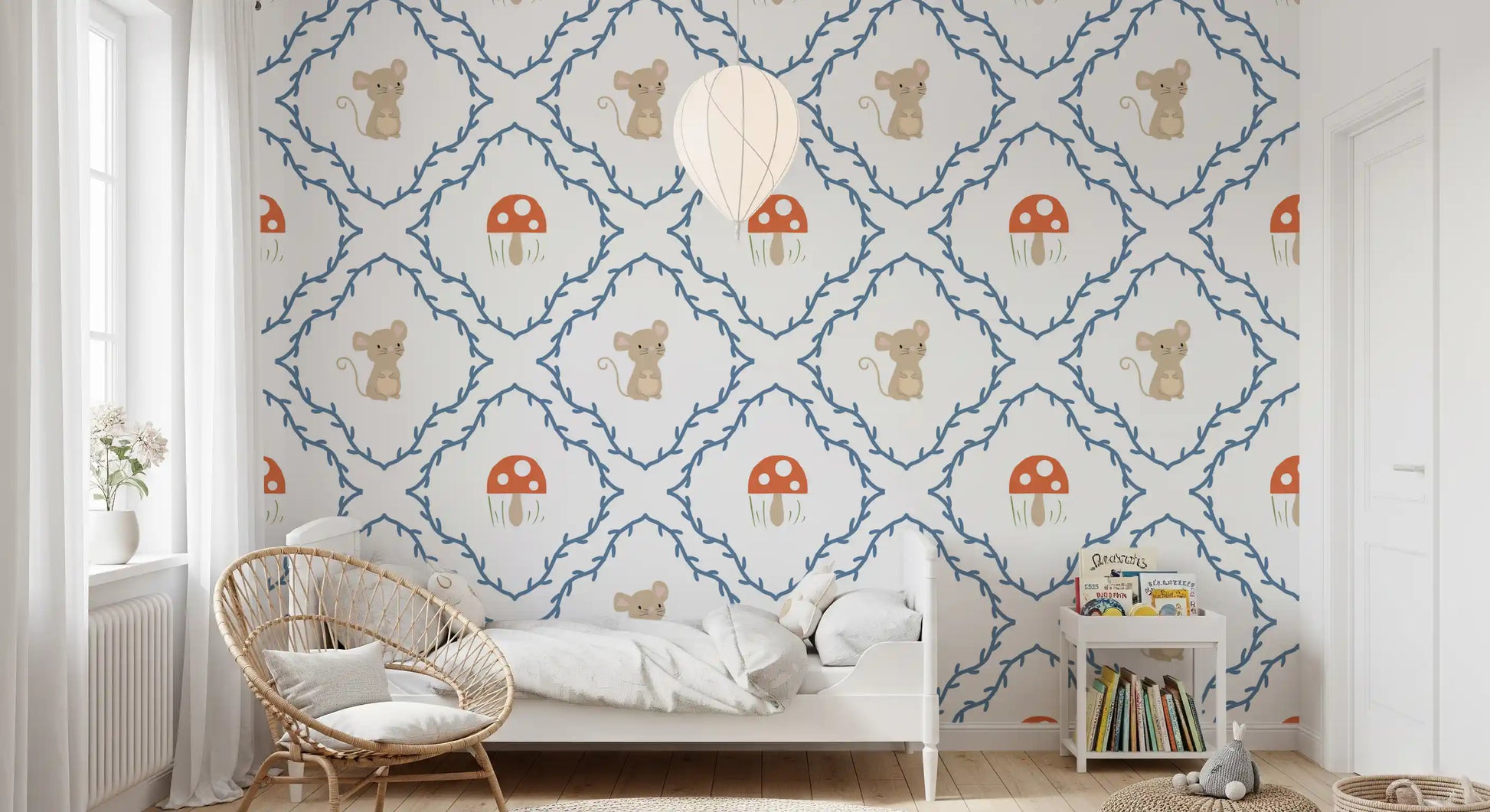 Kids Bedroom showing mouse and mushroom motifs on woodland wallpaper
