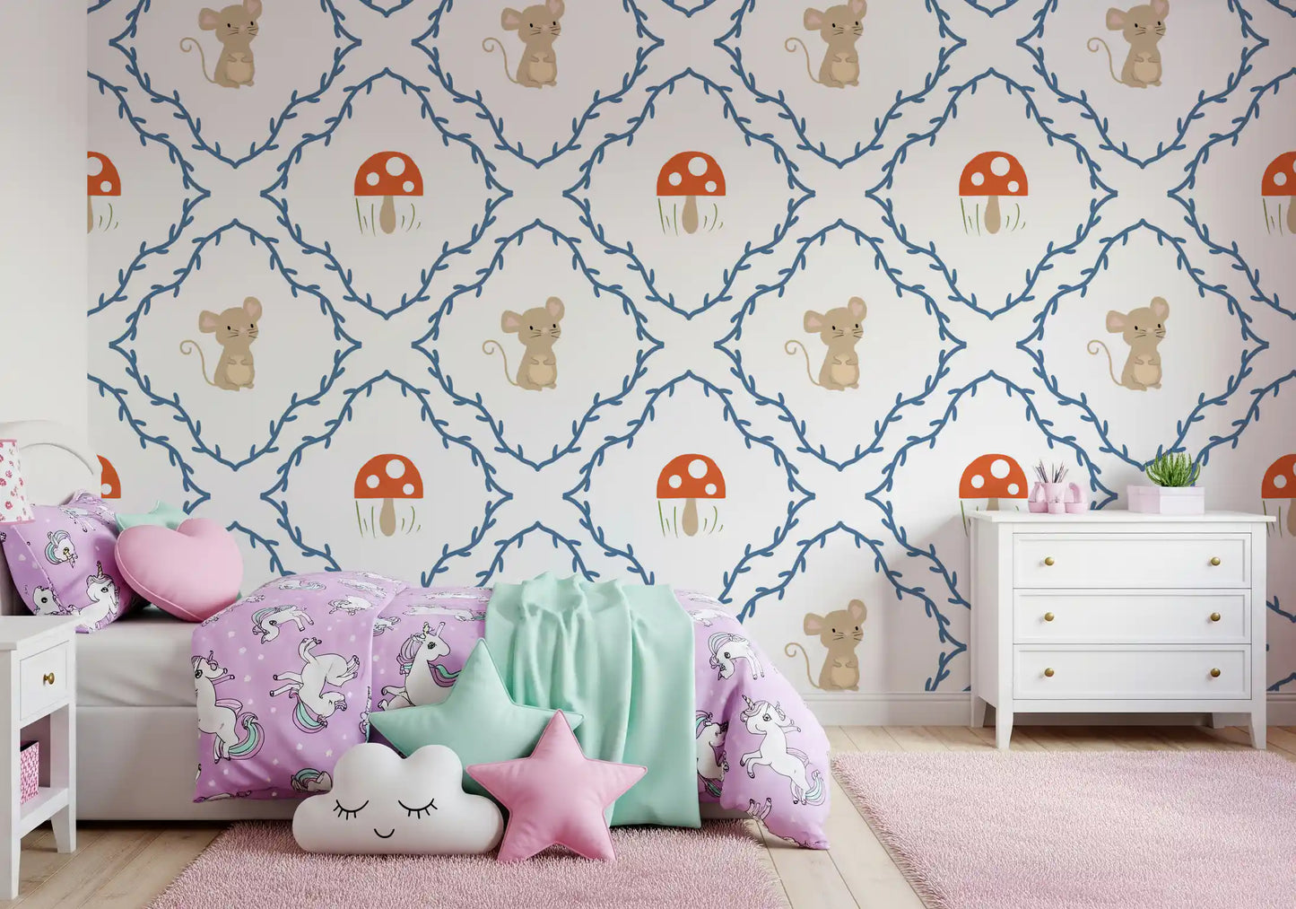 Blue vine trellis and mouse pattern wallpaper lining a kids' room