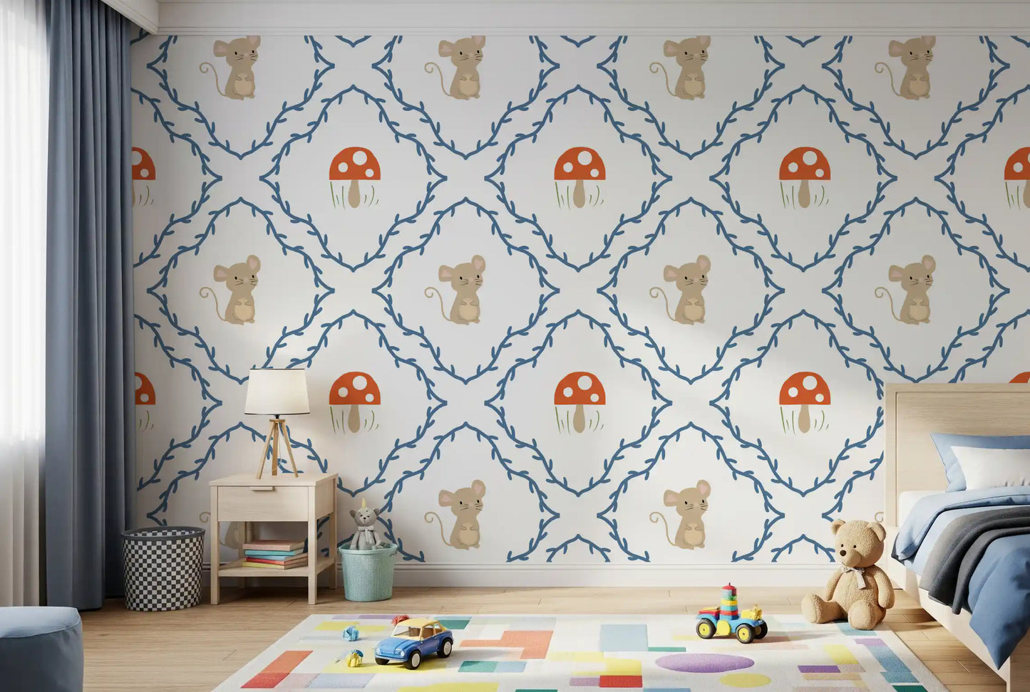 Full pattern tile of the Whimsical Woodland Mouse trellis wallpaper