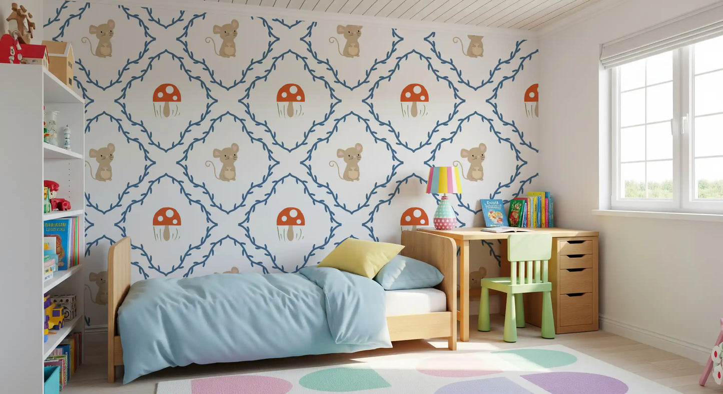Orange spotted mushrooms between vine lattice on Woodland Mouse wallpaper