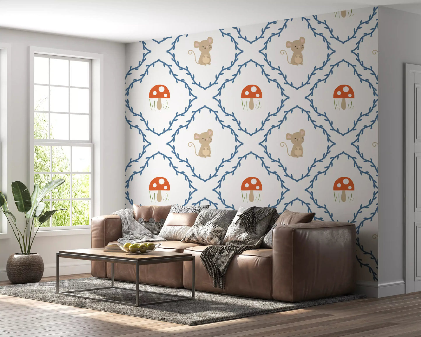 beige mouse with pink ears on Whimsical Woodland wallpaper