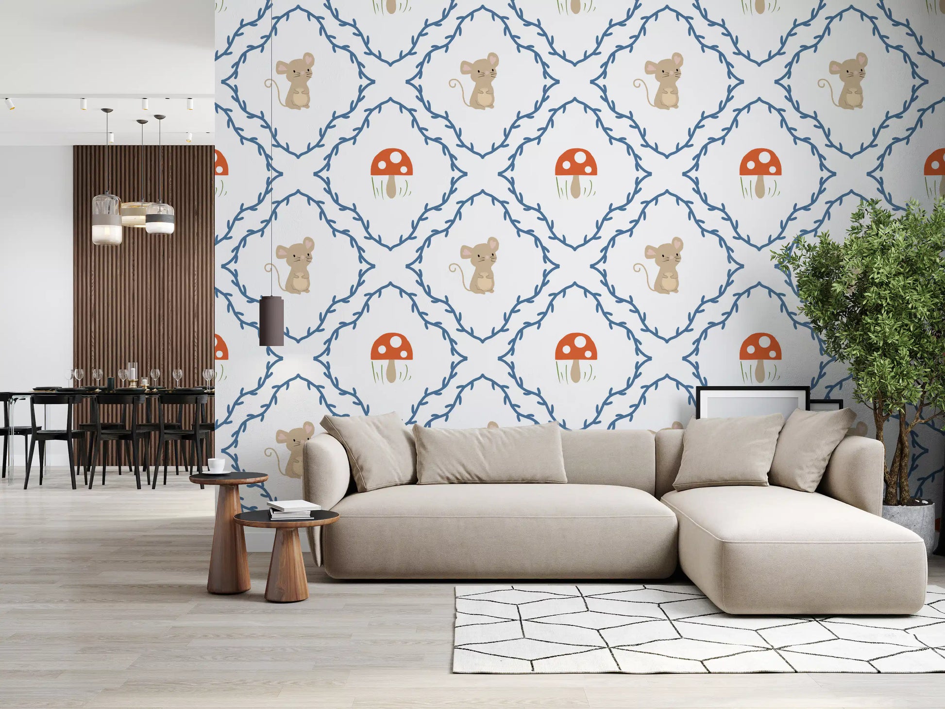 Woodland Mouse trellis wallpaper adding character to a Living area