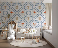 Repeating blue diamond trellis with mice on Whimsical Woodland wallpaper