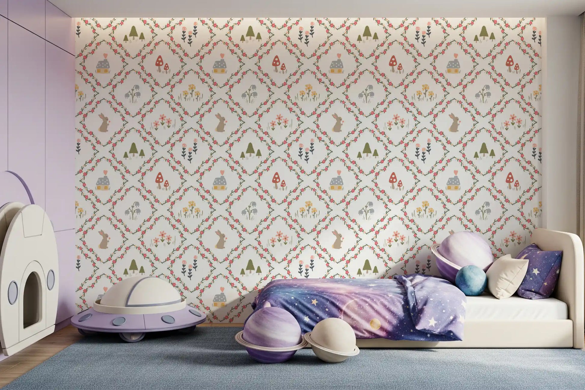 Bunny holding a bloom inside the floral trellis of Woodland Diamond wallpaper