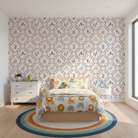 Whimsical floral diamond wallpaper covering a children's bedroom accent area