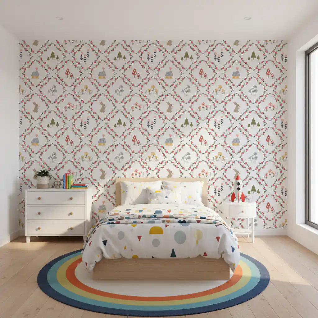 Toddler room lined with the coral floral trellis Woodland Diamond wallpaper