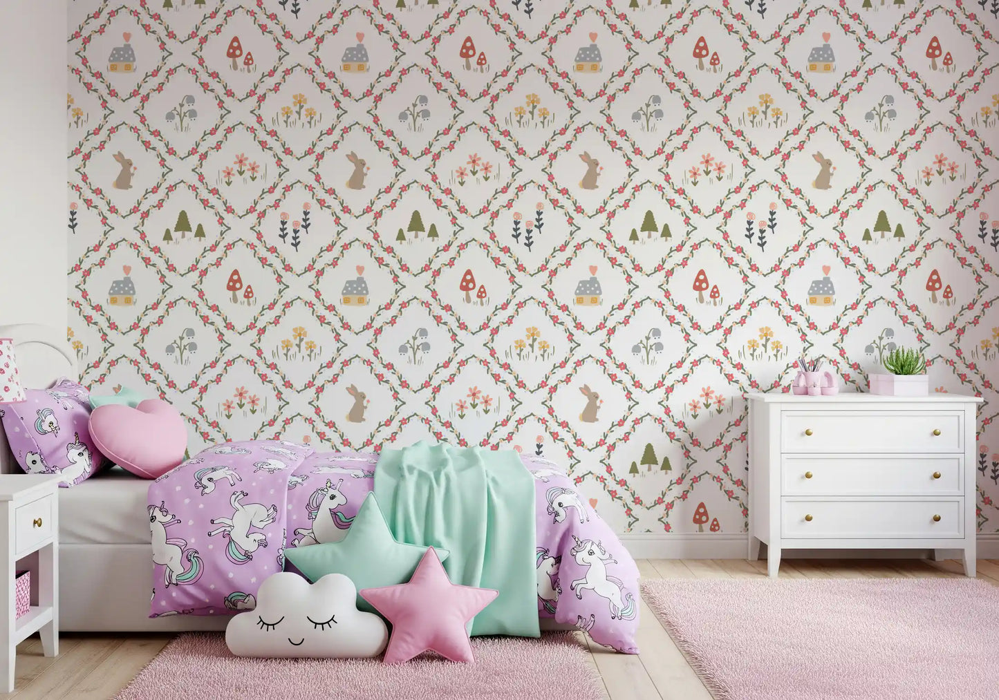 Cottage and heart motif framed by pink blossoms on Woodland Diamond wallpaper