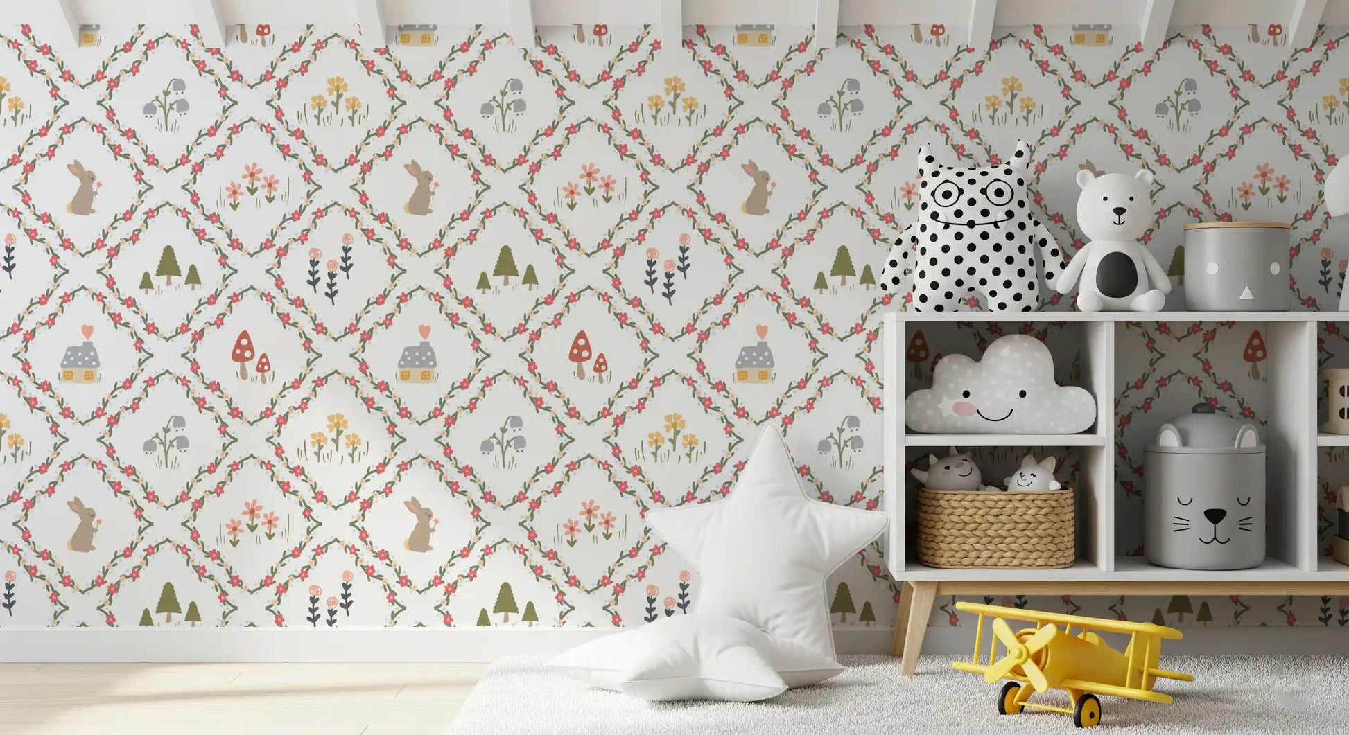 Nursery featuring the floral diamond lattice of Woodland Diamond wallpaper