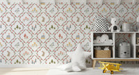 Nursery featuring the floral diamond lattice of Woodland Diamond wallpaper