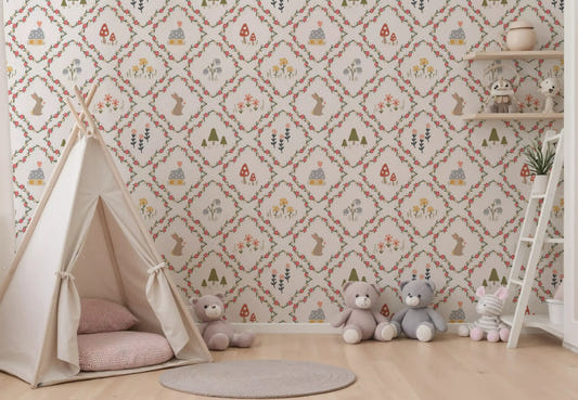 Whimsical Woodland Diamond wallpaper behind a teepee in a kids' room
