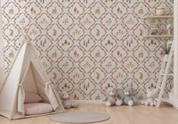 Whimsical Woodland Diamond wallpaper behind a teepee in a kids' room