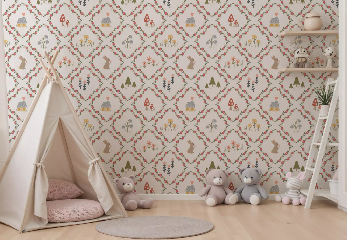 Whimsical Woodland Diamond wallpaper behind a teepee in a kids' room