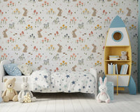 Repeating bunny and mushroom pattern on Sweet Meadow Bunnies wallpaper