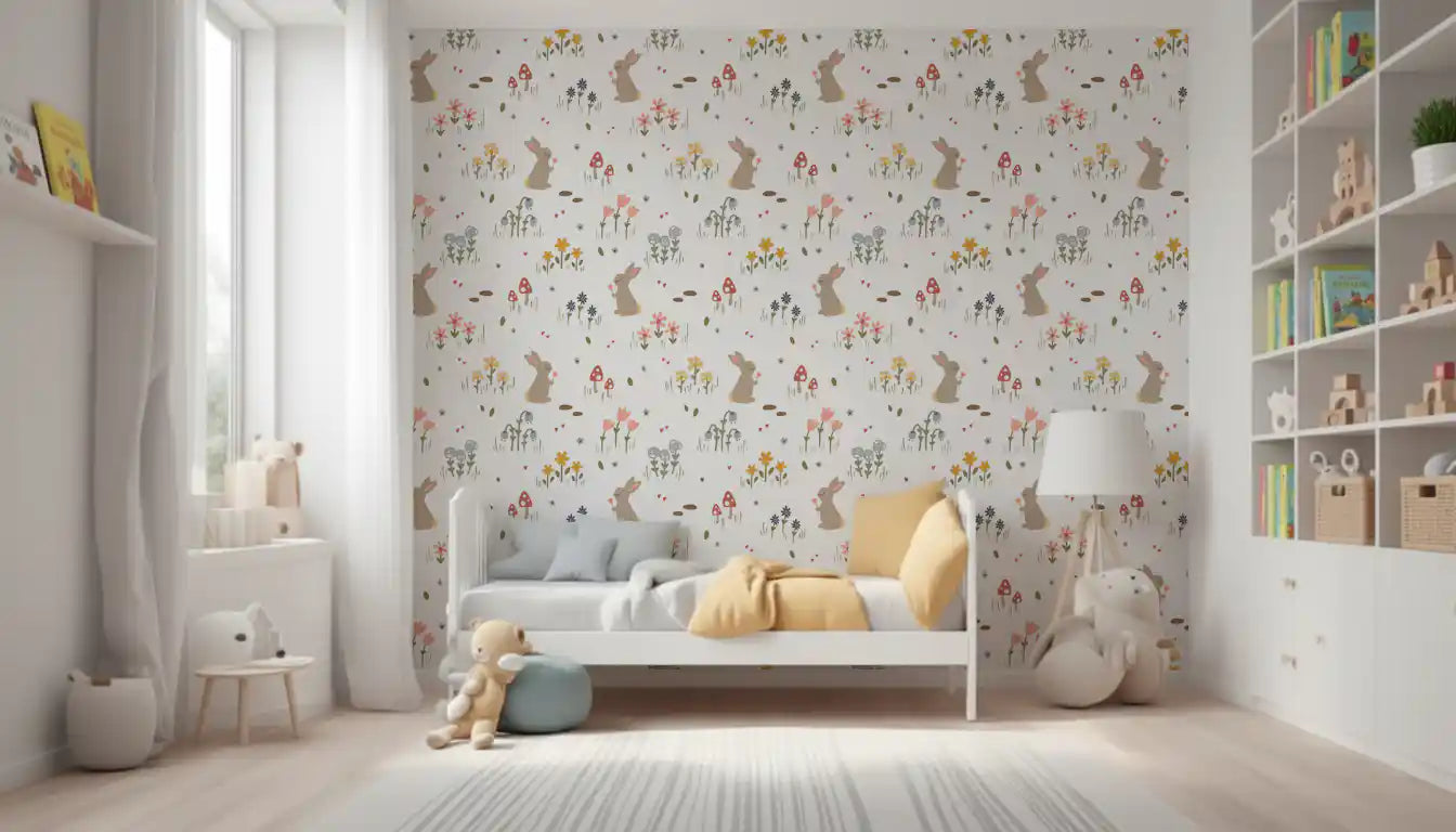 Playroom with Sweet Meadow Bunnies floral wallpaper on the accent surface