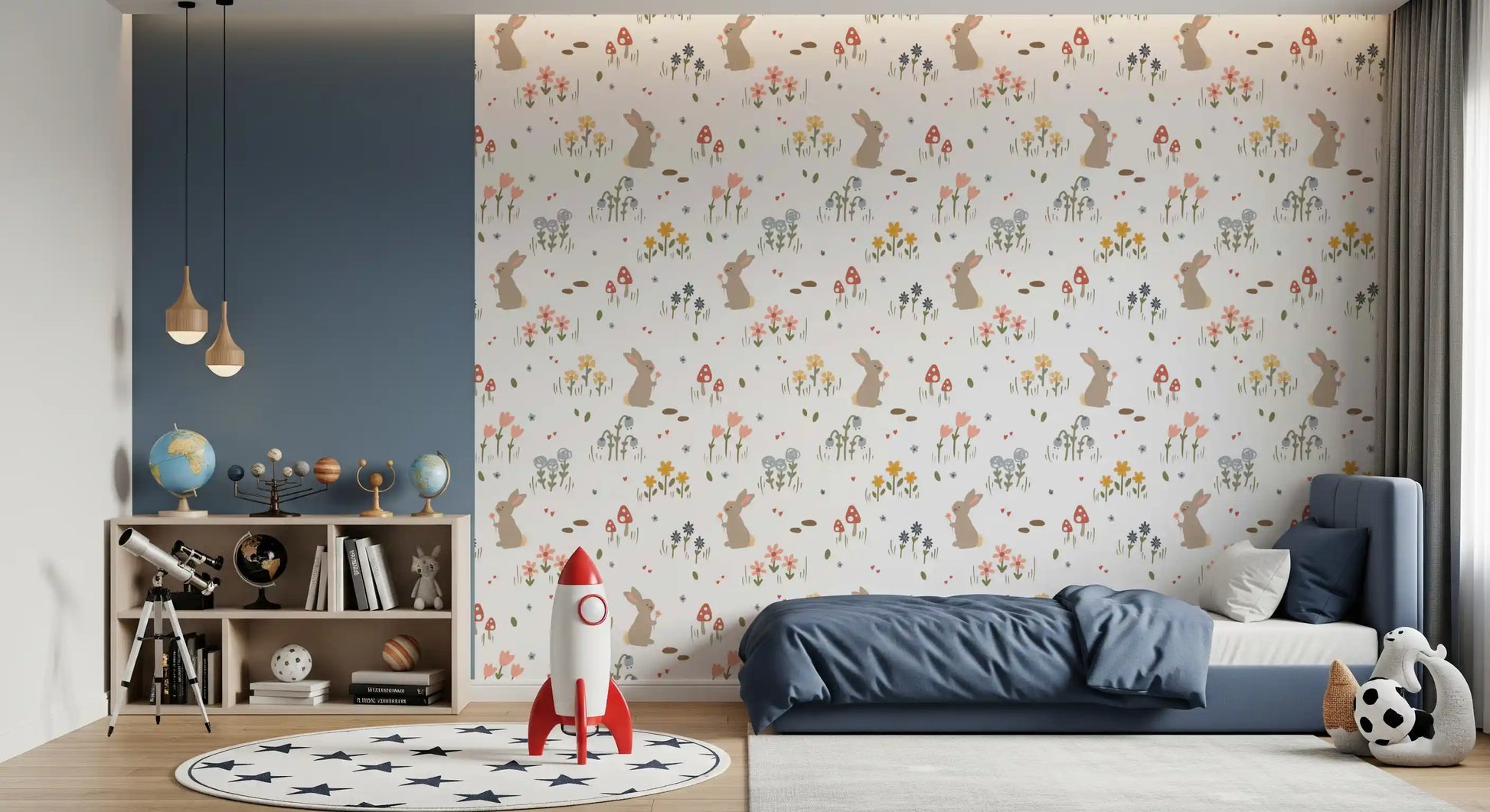 Sweet Meadow Bunnies wallpaper behind a toddler bed in a children's room