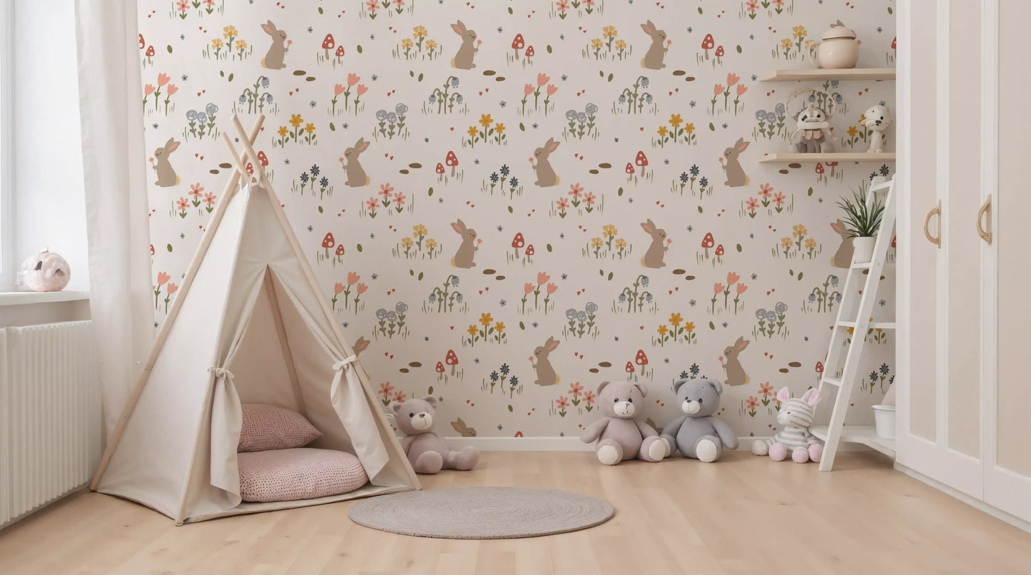 Yellow wildflowers and red-capped mushrooms on the Sweet Meadow Bunnies wallpaper