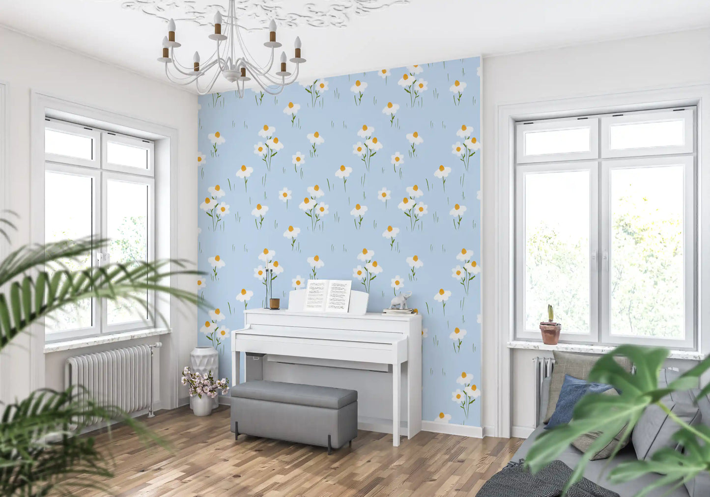 Full pattern view of the Daisy Dreams on Blue floral wallpaper