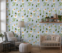 Orange centred blooms scattered across Whimsical Daisies wallpaper