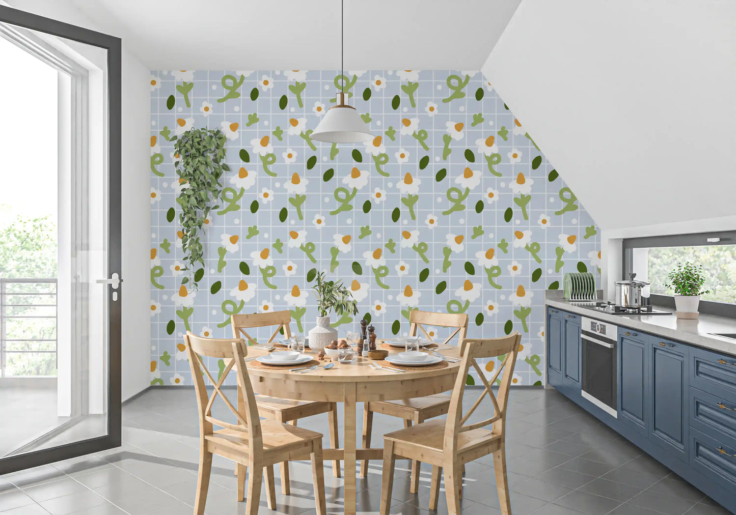 Dining room featuring Whimsical Daisies on Blue Grid floral wallpaper