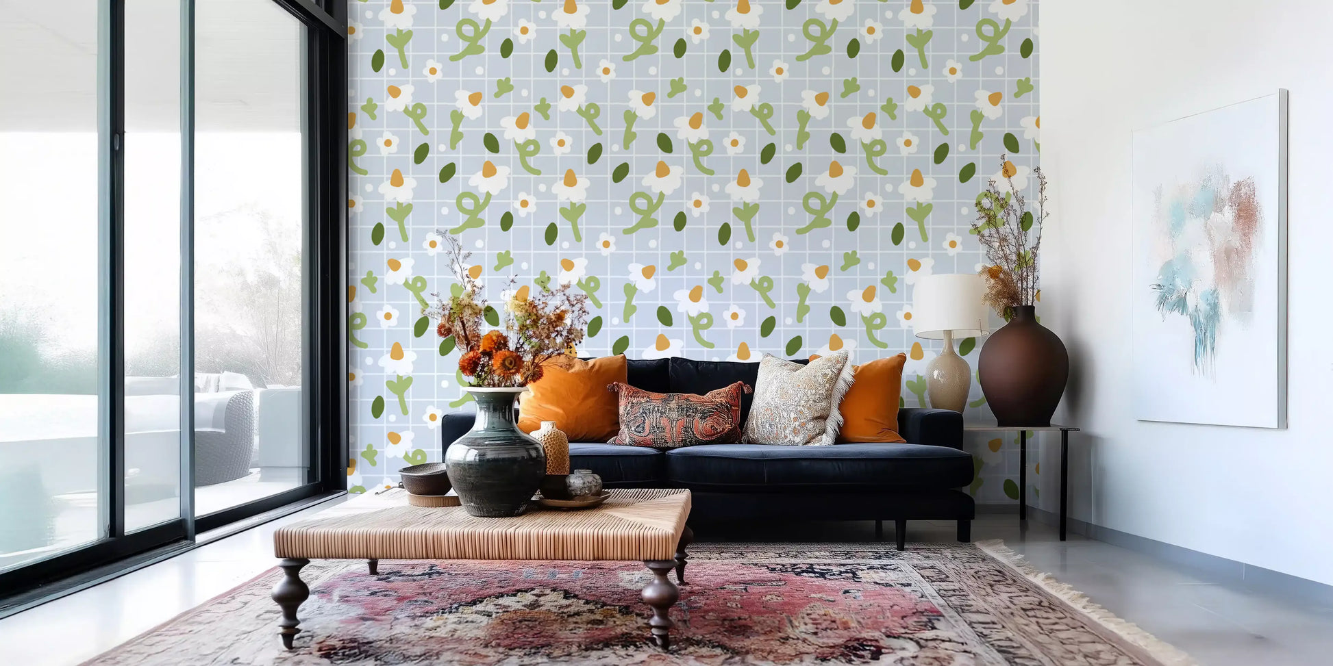 White daisies and green stems on the Whimsical Daisies on Blue Grid wallpaper