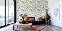 White daisies and green stems on the Whimsical Daisies on Blue Grid wallpaper