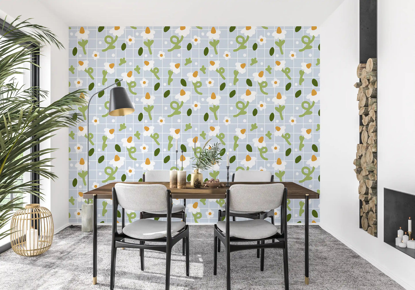 Whimsical Daisies wallpaper on a blue checked ground in a Dining room 