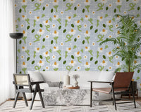 Blue Grid daisy wallpaper across a bright open living room