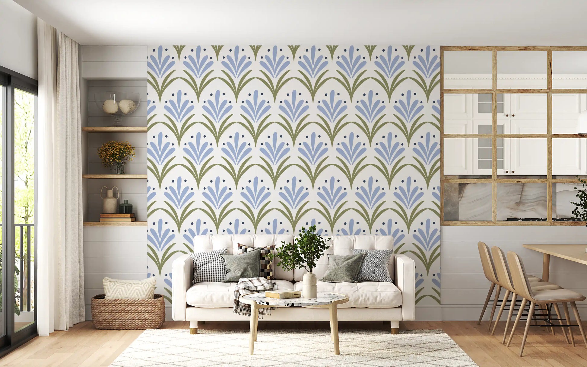 Living room lined with the scalloped Art Deco Floral wallpaper pattern