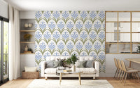 Living room lined with the scalloped Art Deco Floral wallpaper pattern