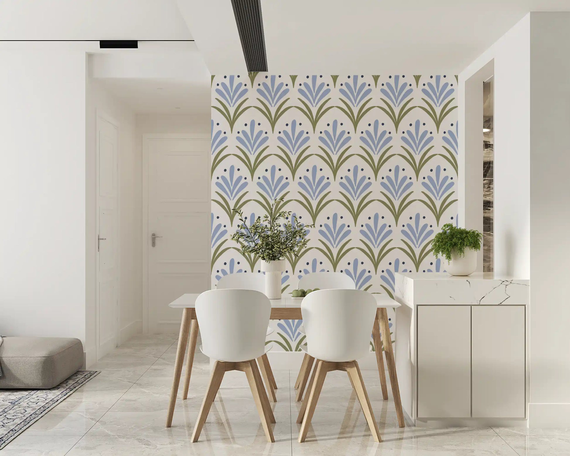 Navy dot accents between periwinkle sprays on Art Deco Floral wallpaper