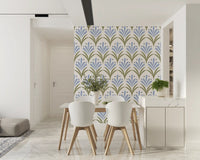Navy dot accents between periwinkle sprays on Art Deco Floral wallpaper