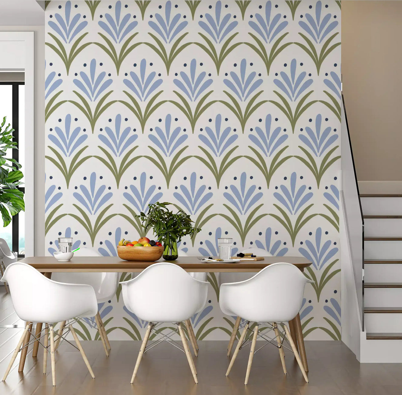 Art Deco Floral wallpaper with blue fan motifs in a bright dining room