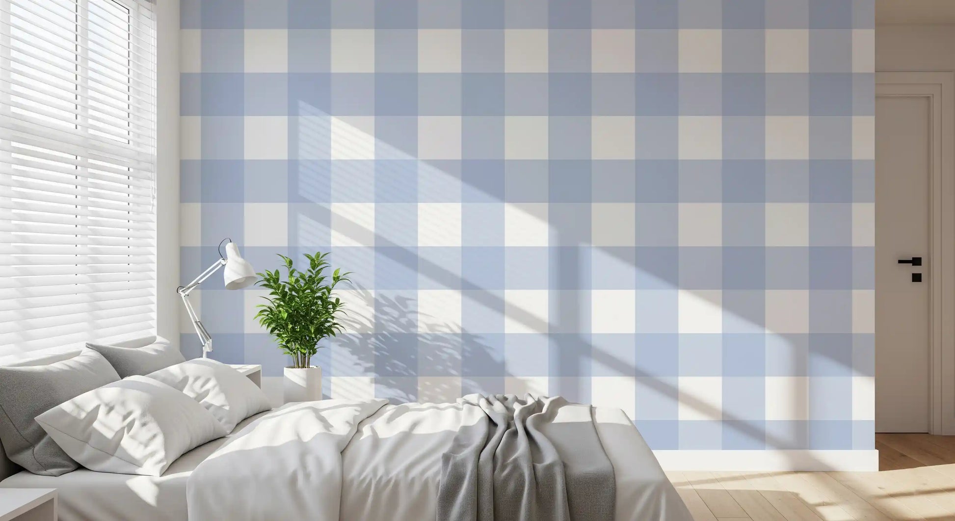Bedroom featuring blue check Crisp Checkered Calm wallpaper