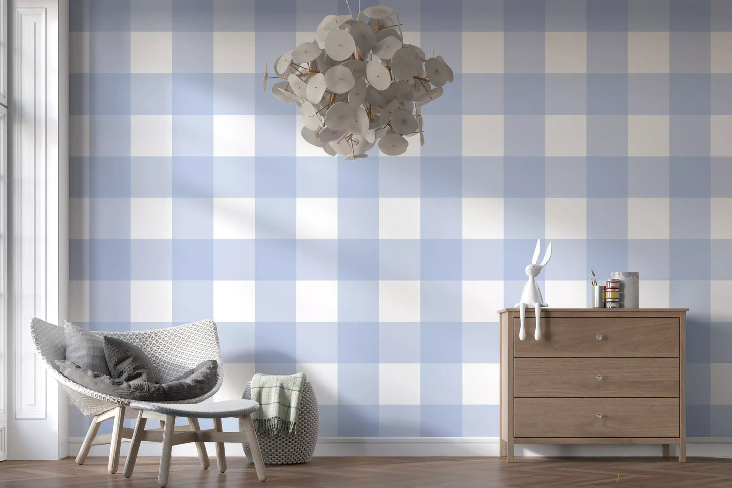 Hallway entrance showing Crisp Blue Checkered Calm wallpaper