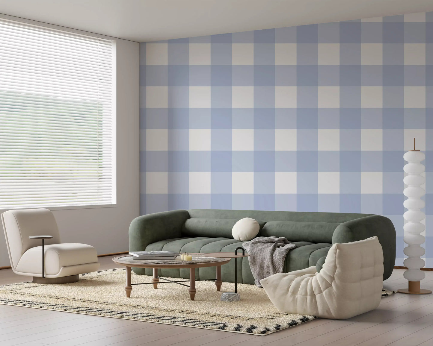 Lounge setting framed by Crisp Blue Checkered Calm wallpaper