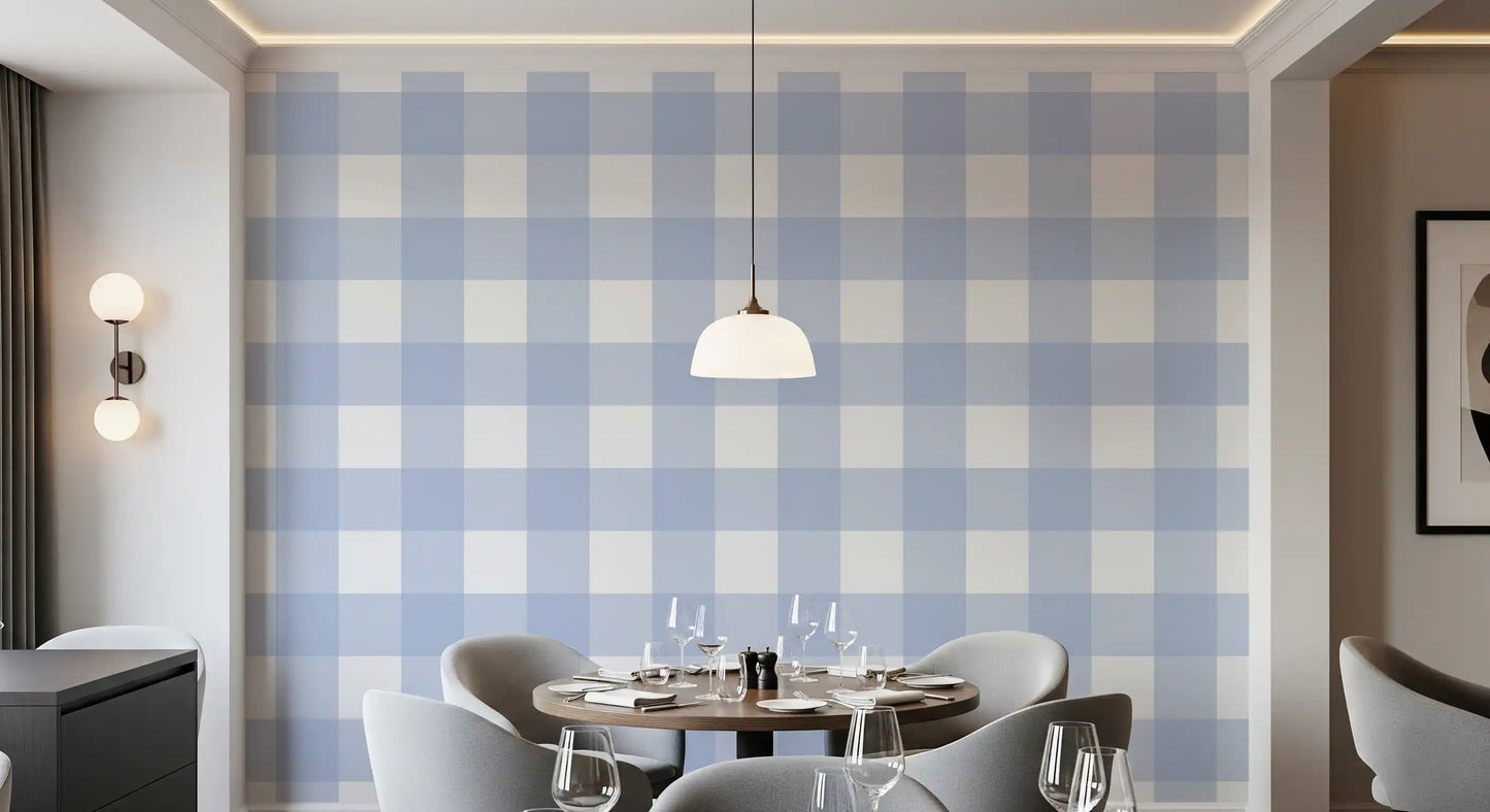 Dining room lined with blue plaid Checkered Calm wallpaper