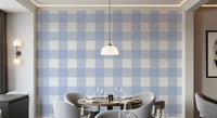 Dining room lined with blue plaid Checkered Calm wallpaper