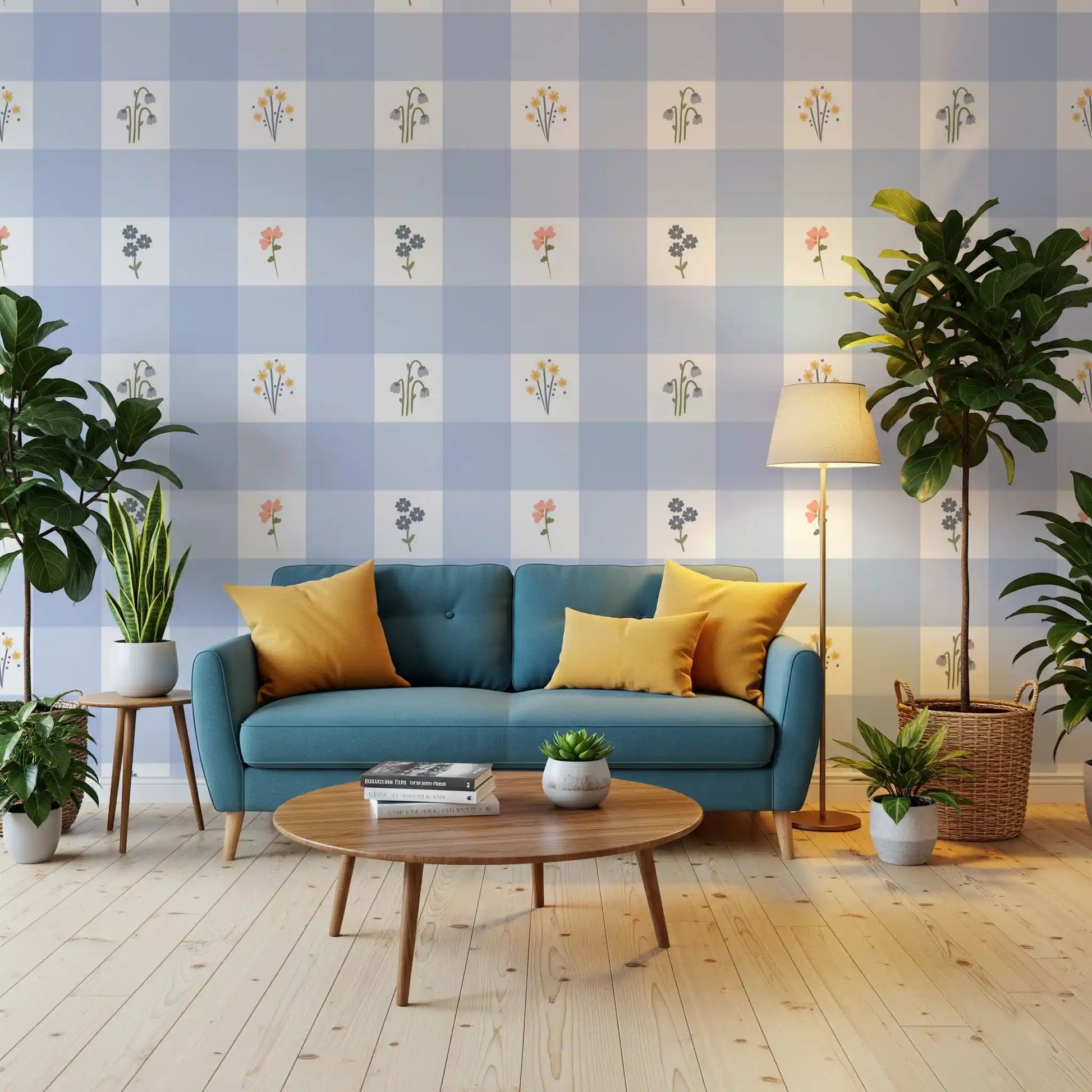 hallway accent area featuring Floral Gingham wallpaper in periwinkle