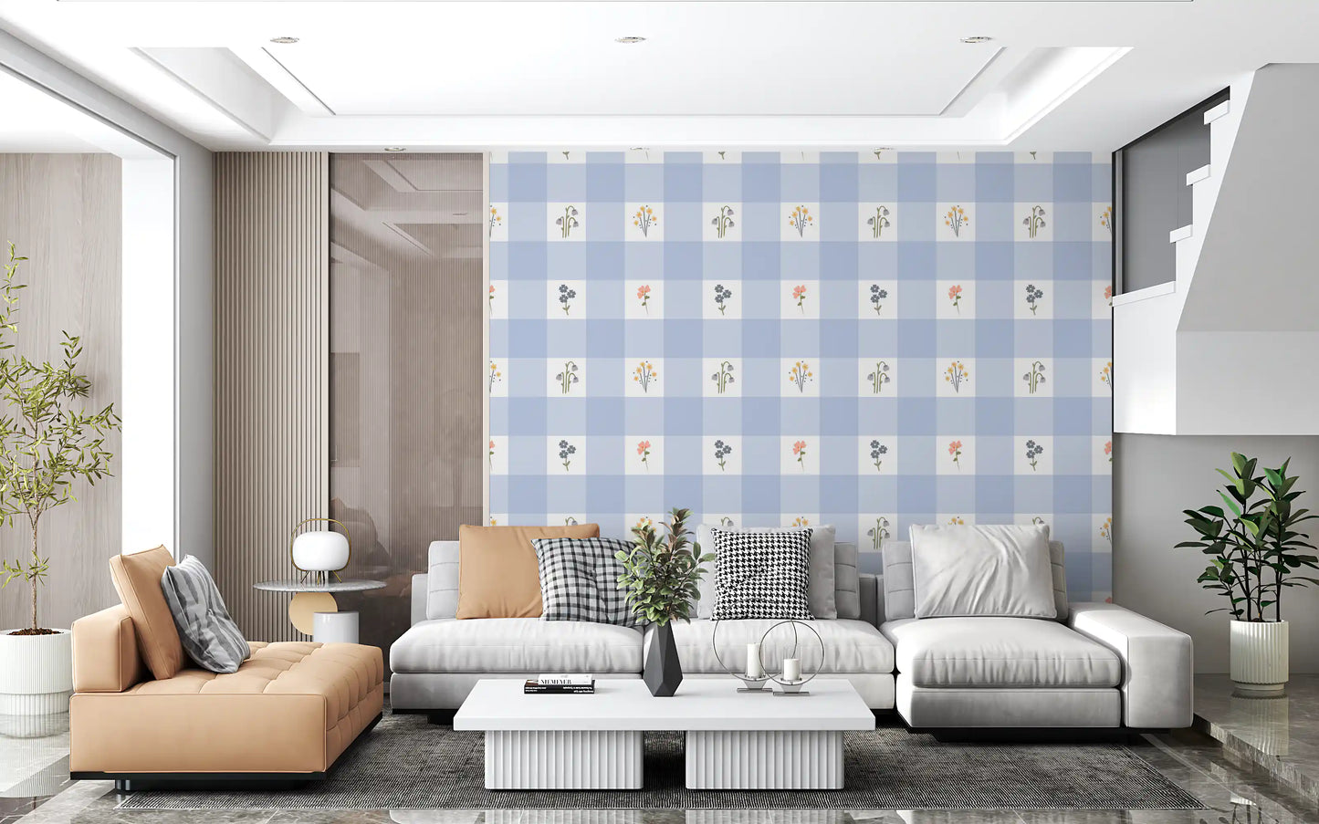 Relaxed Living area wrapped in the lavender check Floral Gingham wallpaper
